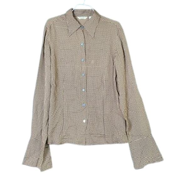Eddie Bauer Womens Blouse Brown Black 100% Silk Button Down Long Sleeve Tall L - Picture 1 of 12